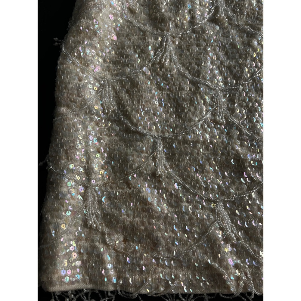 Vintage Wool Sequin Beaded Fringe Shell Top Cream Iridescent Small Flapper - Picture 3 of 14